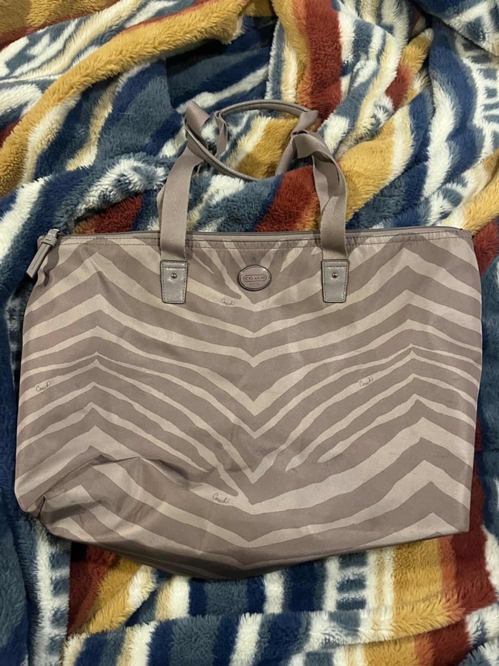 Coach Grey Nylon Zebra Print Weekender Tote Bag